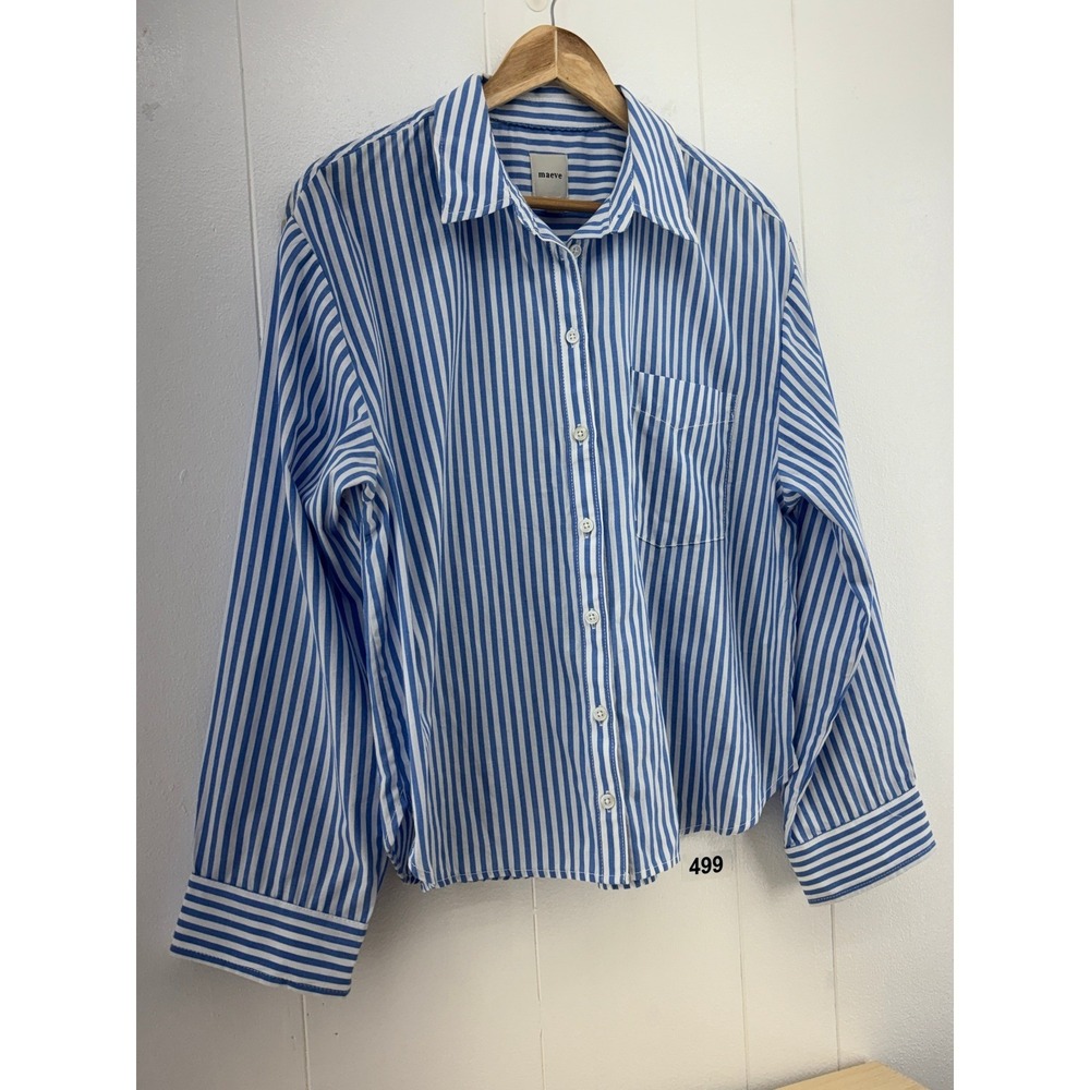 Maeve Anthropologie Blue White Striped Cotton Button Down Shirt Size M